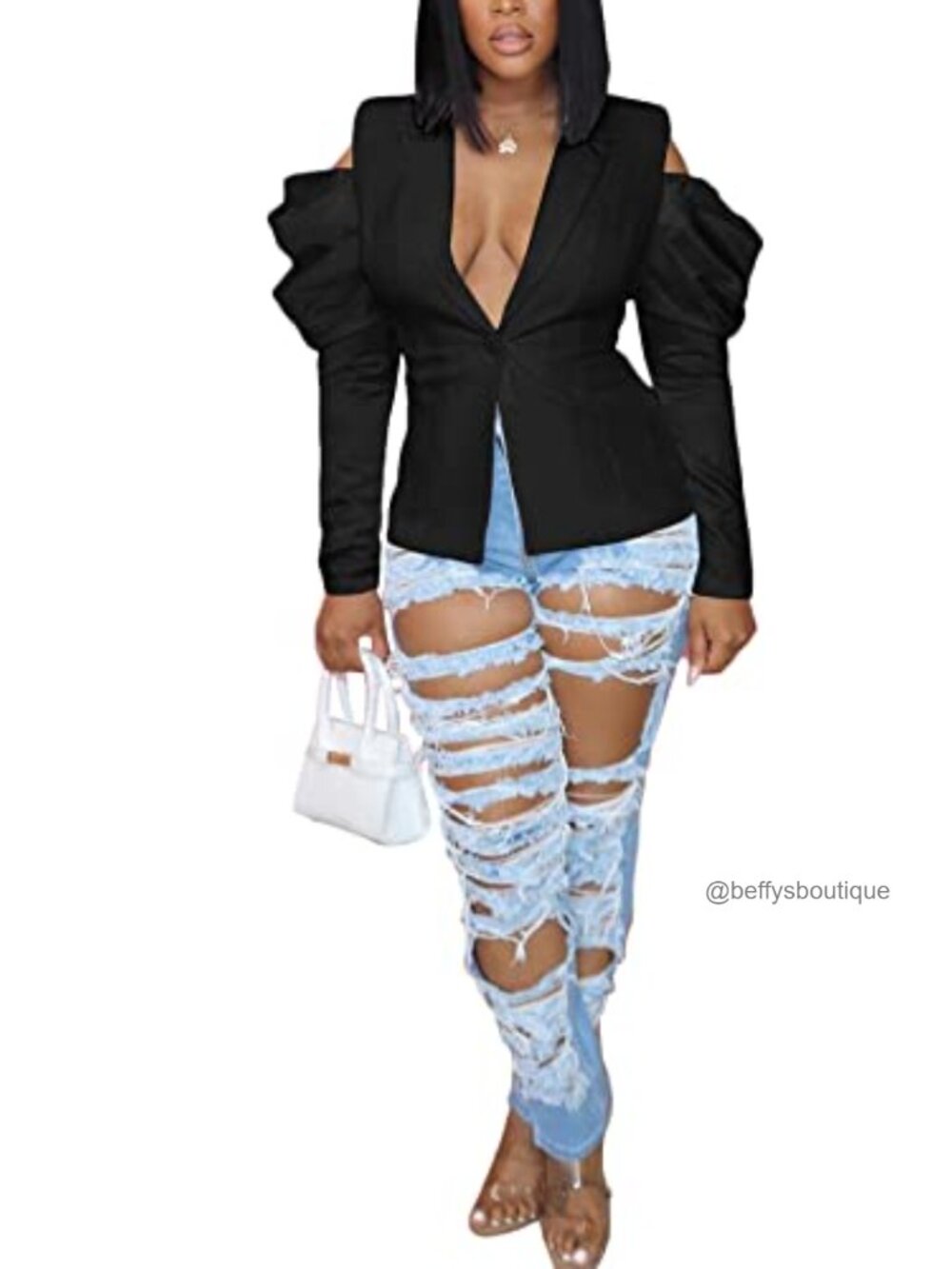 Women's Open Front Puff Sleeve Blazer Suit Jacket Lightweight
